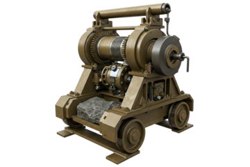 Industrial hand crank winch on wheeled base with heavy rock isolated on a transparent background