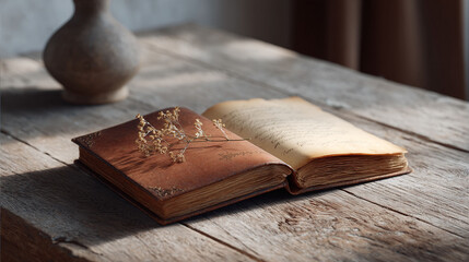 Open book, aged paper, resting on rustic wood table with dried flowers. Evokes nostalgia, knowledge, learning, and history. Ideal for education or literary themes.