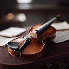 Fototapeta premium Elegant violin resting on its case with sheet music. Evokes passion, artistry, skill, and the beauty of music. Ideal for classical music, education, or creative projects.