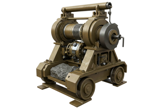 Industrial hand crank winch on wheeled base with heavy rock isolated on a transparent background