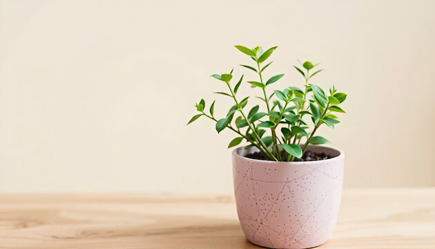 Small green plant in a stained white pot on a wooden table with an orange background