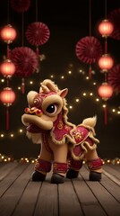Lion dance performance with adorable animated horse celebrating chinese new year festive environment close-up view