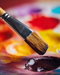 Obraz premium Detailed Close-Up of a Paintbrush Dipped in Colorful Acrylic Paints on an Artist's Palette