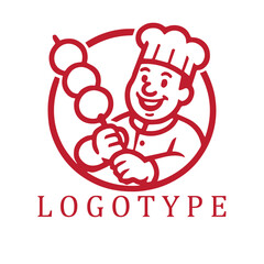 Bold red and white vector logo of a happy cartoon chef holding a giant bakso skewer, designed in a circular emblem style with thick lines and cheerful charm.