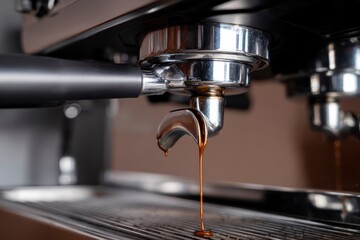 Dripping Espresso from a Professional Coffee Machine Ready to Brew a Rich and Aromatic Beverage