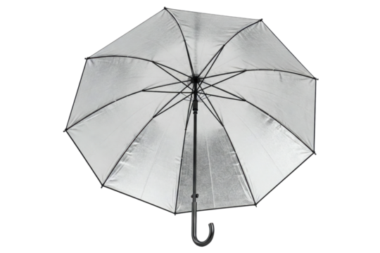Silver reflective photography umbrella for studio lighting isolated on a transparent background