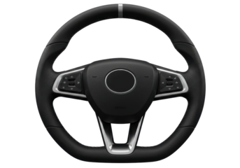 Modern car steering wheel with control buttons, isolated on a clean background
