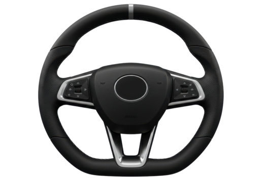 Modern car steering wheel with control buttons, isolated on a clean background