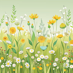 A seamless floral pattern captures the beauty of a spring meadow with yellow daisies and white chamomile blossoms