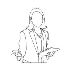 Businesswoman Presenting with Digital Tablet Line Drawing Vector, Confident Female Speaker with Tablet Minimal Line Art