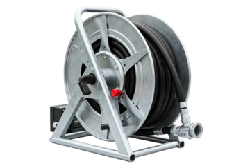 Industrial fire hose reel with black hose for emergencies isolated on a transparent background