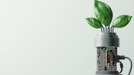 nature conservation concept. Plant emerging from a technology-inspired pot with a circuit design.