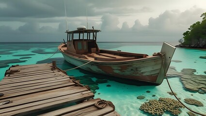 Obraz premium Wooden boat moored near a pier in crystal clear turquoise water