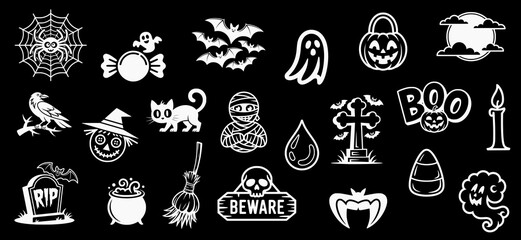 Collection of spooky Halloween themed silhouette designs and icons, svg, vector, transparent, isolated, set, pack, bundle, collection