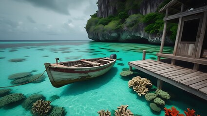 Wooden boat moored near a pier in crystal clear turquoise water