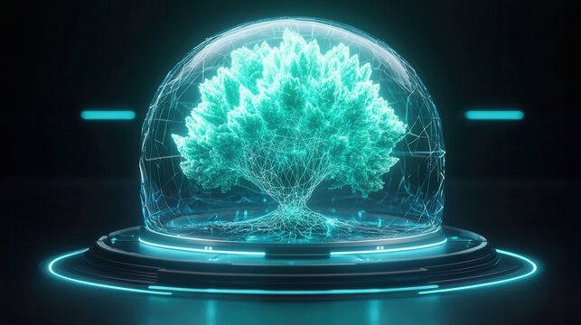 nature conservation concept. Futuristic tree inside a glowing glass dome with digital elements. - Powered by Adobe