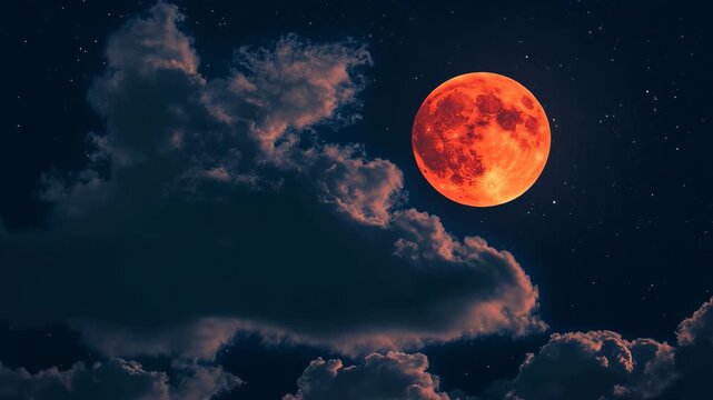 A breathtaking view unfolds as a vibrant orange moon casts its glow over gentle clouds. Stars twinkle brightly in the serene night sky, creating a mesmerizing spectacle.
