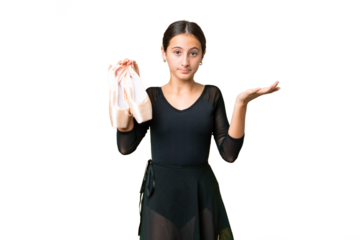 Young woman practicing ballet over isolated chroma key background having doubts while raising hands