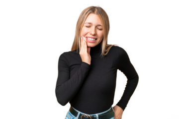 Young pretty blonde woman over isolated chroma key background with toothache