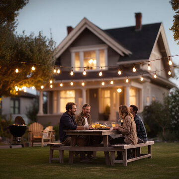 Friends gather at dusk for an outdoor meal under warm string lights. Represents community, connection, celebration, and the joy of shared experiences in a backyard setting.