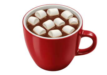 A cozy red mug filled with hot chocolate topped with fluffy marshmallows on a white background