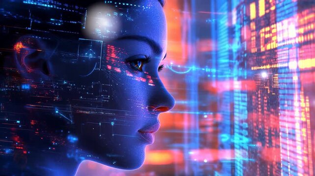 In a vibrant, high tech setting, a figure stands against a backdrop of glowing data, representing the interconnection of human intellect and advanced technology.