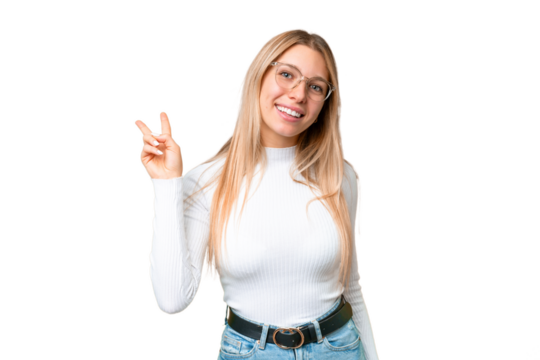 Young pretty blonde woman over isolated chroma key background smiling and showing victory sign