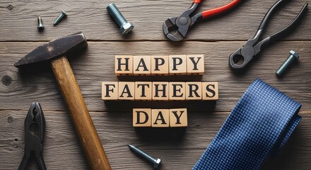 Happy fathers day message with tools and tie on rustic wood background.
