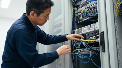 Technician Working on Server Rack, Connecting Cables in Data Center Environment - Powered by Adobe