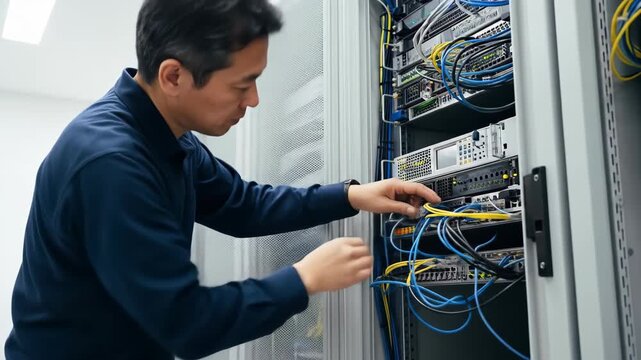 Technician Working on Server Rack, Connecting Cables in Data Center Environment - Powered by Adobe