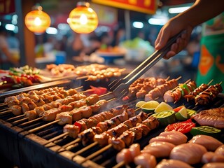 Delicious grilled skewers cooking at a vibrant night market