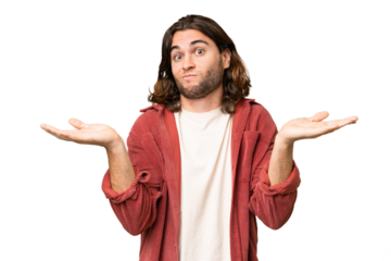 Young handsome man over isolated background having doubts while raising hands