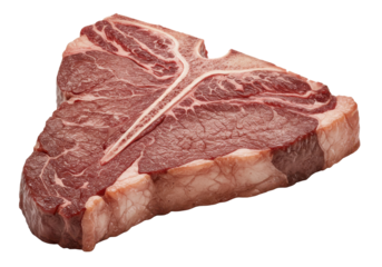 Fresh T-bone steak on a white background, showcasing marbling and cut details