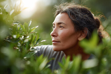 A serene woman amidst lush greenery, gazing thoughtfully. Represents connection with nature, mindfulness, and sustainable living. Ideal for wellness or environmental content.