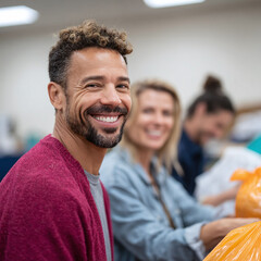 Fototapeta premium Smiling volunteers at a charity event. The diverse group works together, conveying teamwork and community. Ideal for social responsibility or nonprofit projects.