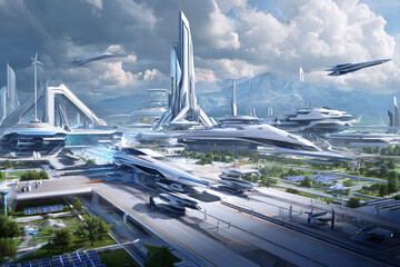 Fototapeta premium Futuristic cityscape with sleek architecture and flying vehicles evokes progress, innovation, and advanced technology. Ideal for scifi, future concepts, or tech industries.