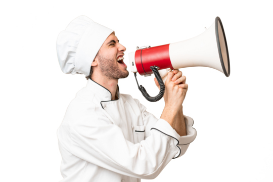 Young handsome chef man over isolated background shouting through a megaphone - Powered by Adobe