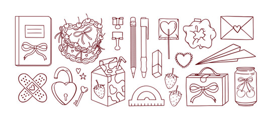 Back to School Line art vector set of Coquette elements. Vintage hand drawn cake, bows, cherry, notebook, pen, pencil, protractor, eraser, paper airplane, lunchbox, strawberry milk, cherry soda