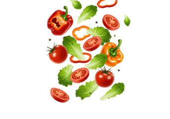 Naklejka premium Colorful vegetables including tomatoes and bell peppers falling onto fresh greens