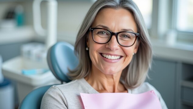 Smiling senior blonde businesswoman in glasses looking at the camera. Cheerful senior female patient sits in dental chair. Wears glasses, smiles broadly. Dental office setting visible.