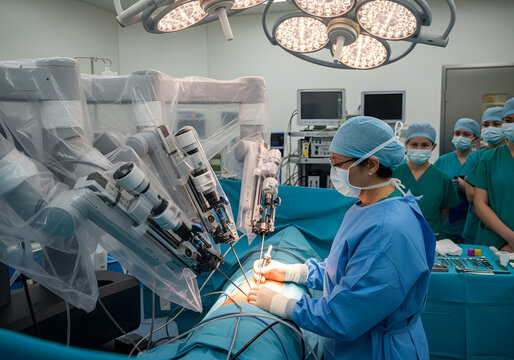 Robotic surgery assisting surgeon performing operation with surgical instruments in operating room