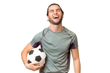 Young handsome football player man over isolated background laughing