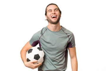 Young handsome football player man over isolated background laughing