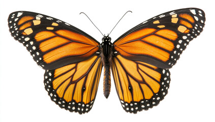 Fototapeta premium A single Monarch Butterfly in flight, isolated on a white background.