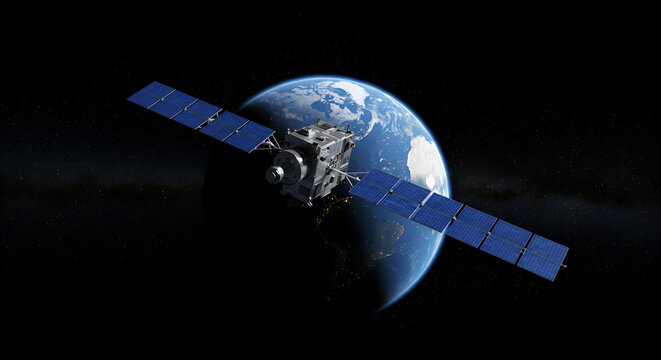 Satellite orbiting planet Earth with solar panels and communications array - Powered by Adobe