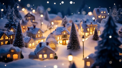 Obraz premium Miniature snowy Christmas village scene with illuminated houses and Christmas trees under a night sky with bokeh