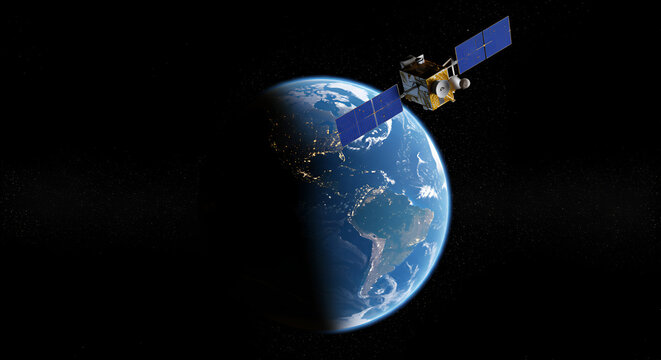 Satellite orbiting planet earth, transmitting data to global communication - Powered by Adobe