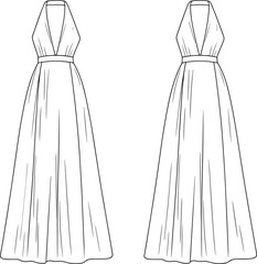 Cad drawing flat vector illustration of women's long evening dress, deep V-neck, sleeveless design, floor-length gown, front and back views, formal wear 