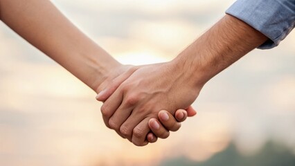 Two hands clasped together against a soft, blurred sunset background, symbolizing unity and connection.