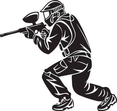 Silhouette illustration of a paintball player aiming a marker in action ready to compete